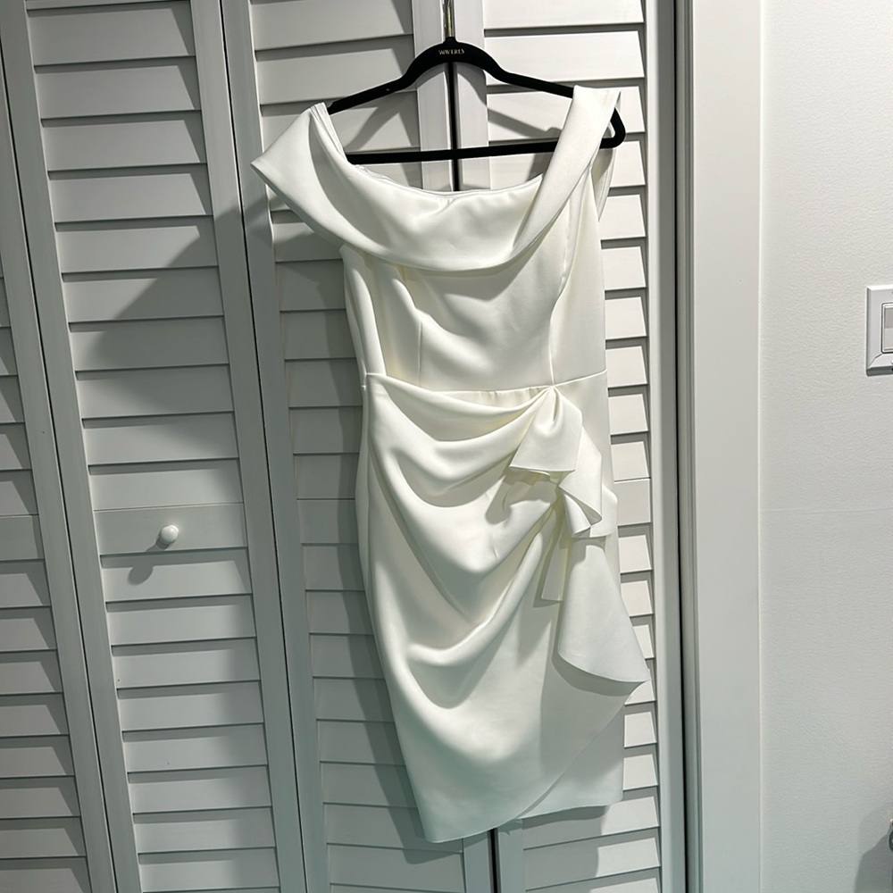 Xscape Evening Ruffle Off the Shoulder Scuba Dress